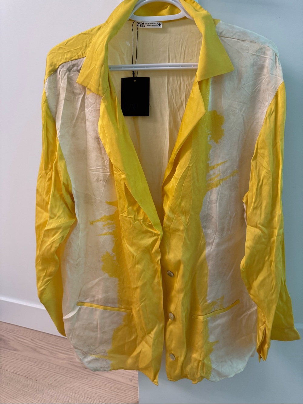 ZARA Yellow and Cream Satin Button-Down Shirt Jacket